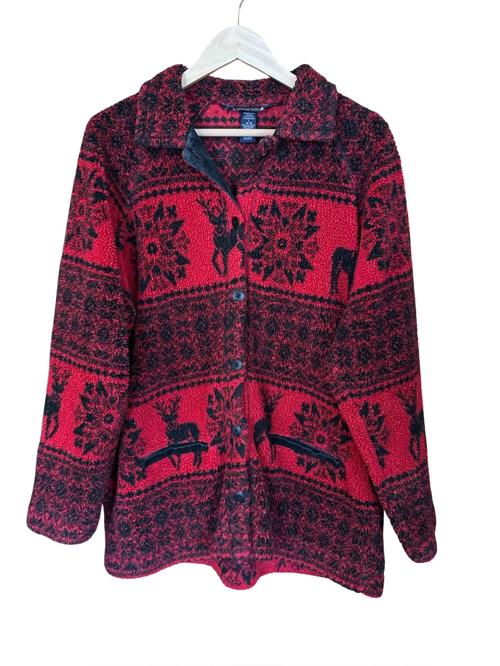 Vintage Lands’ End Plush Fleece Snowflake Deer Button Up Jacket Shacket Sz L